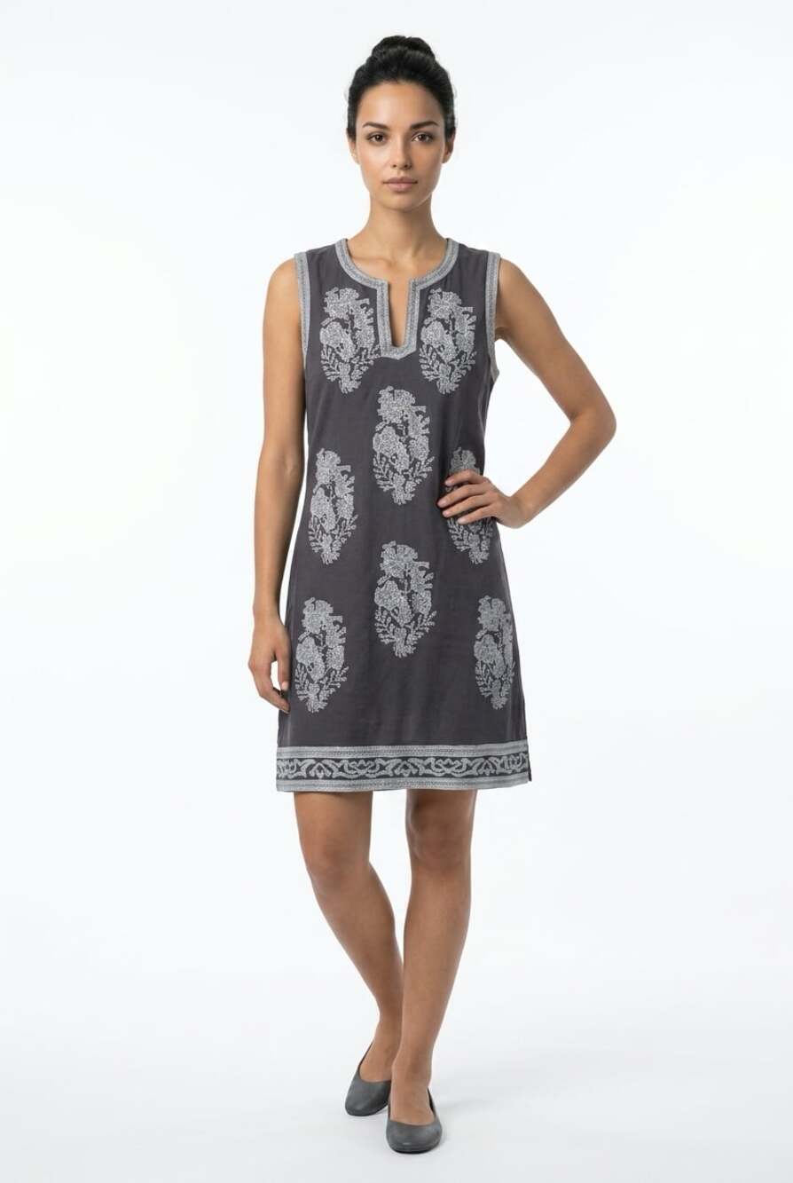 Paloma Vivacity Embroidered Split Neck Tie-Back Cotton Dress Size L